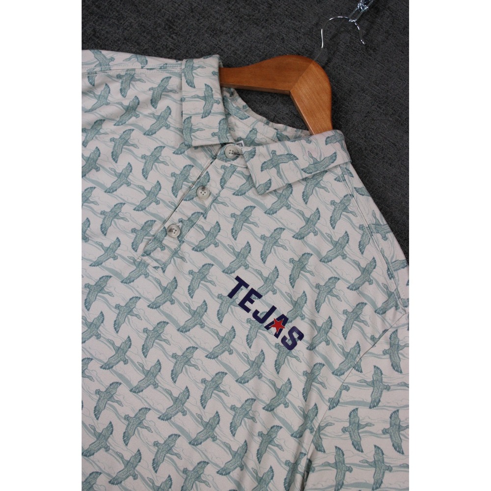 Burlebo Mens Performance Polo Shirt Large Mallard Duck Tejas Print Sage Green